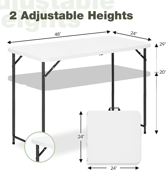 4ft Folding Table with Adjustable Height, 2-Level Foldable Table with HDPE Top - Image 3