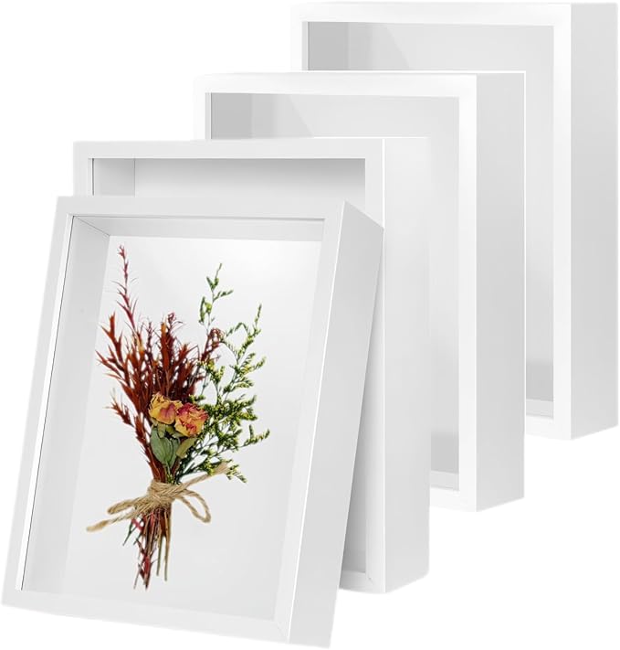 4Pack 4x6 Shadow Box Frame，HD Glass Wooden White Hollow Photo Frame, Seashell by CROISSANT