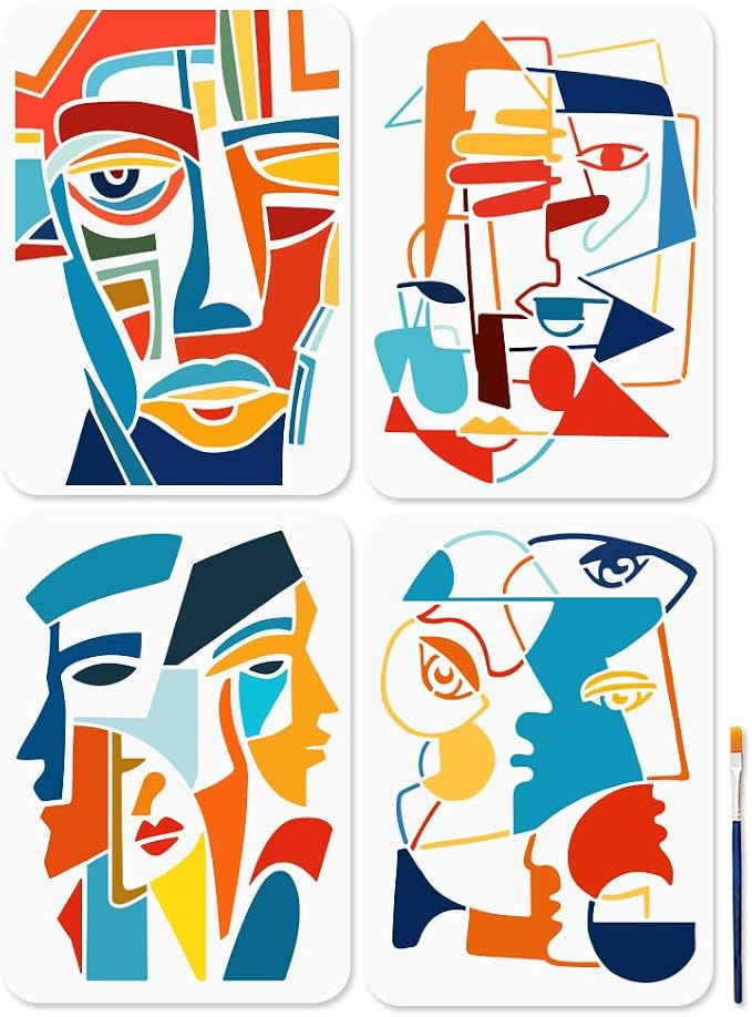 MAYJOYDIY 4Pcs A4 Size Abstract Faces Paterrn Stencil Grotesque Geometric Face by MAYJOYDIY