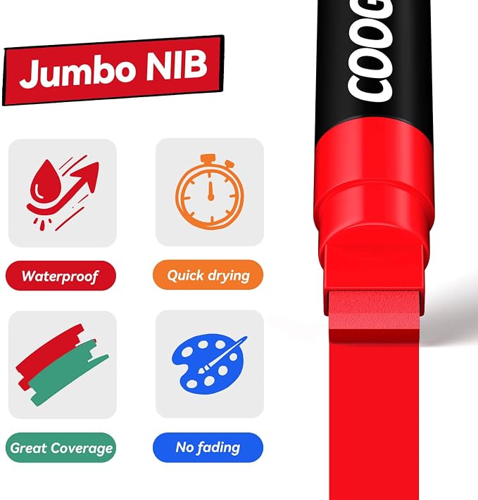Coogert 6 Rainbow Colors Jumbo Poster Markers, 15MM Thick Permanent Acrylic - Image 4