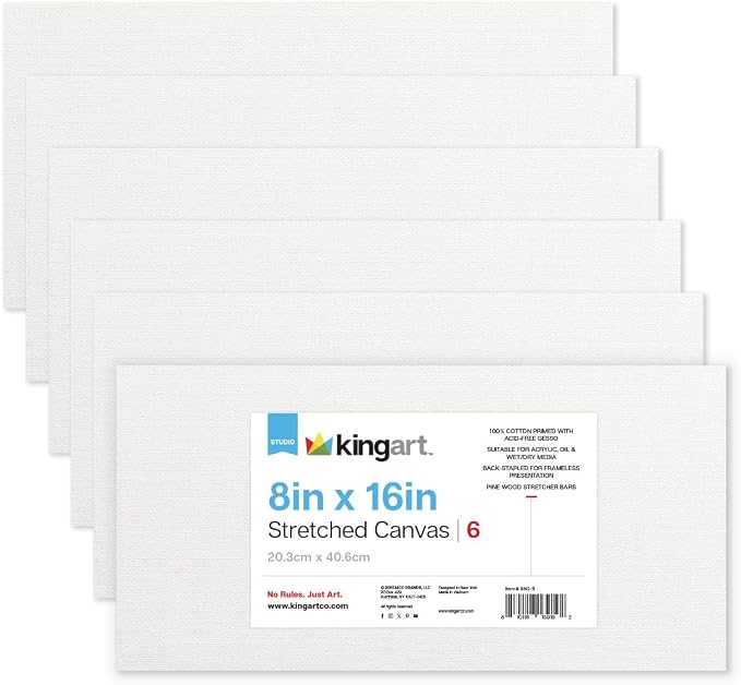 KINGART Stretched White Canvas Set – Rectangle, 8x16 Inch, Triple Gesso Primed by KINGART