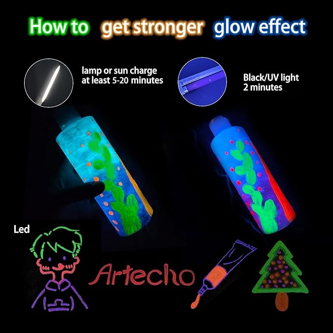 Artecho Blue Glow in the Dark Acrylic Paint Set, 120ml / 4.05oz | Non-Toxic - Image 5