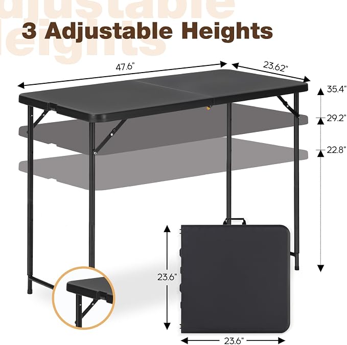 4ft Folding Table with Adjustable Height, 3-Level Foldable Table with HDPE Top - Image 3