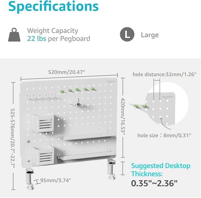 PEGZONE Clamp on Desk Pegboard, 20.4" x 16.5", - Image 5