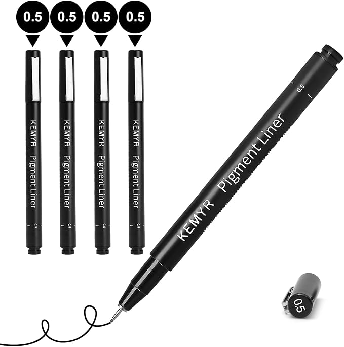KEMYR 4 Micro Fine liner Drawing Art Pens Calligraphy Pens: 0.5mm Size Black by Kemyr