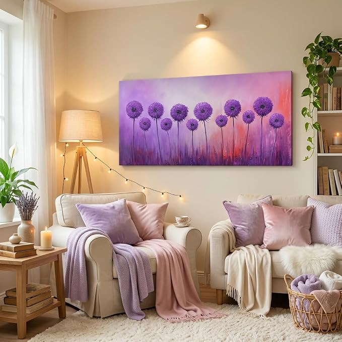 ZESTRILIA Purple Dandelion Canvas Wall Art, Vibrant Floral Oil Painting Print - Image 5