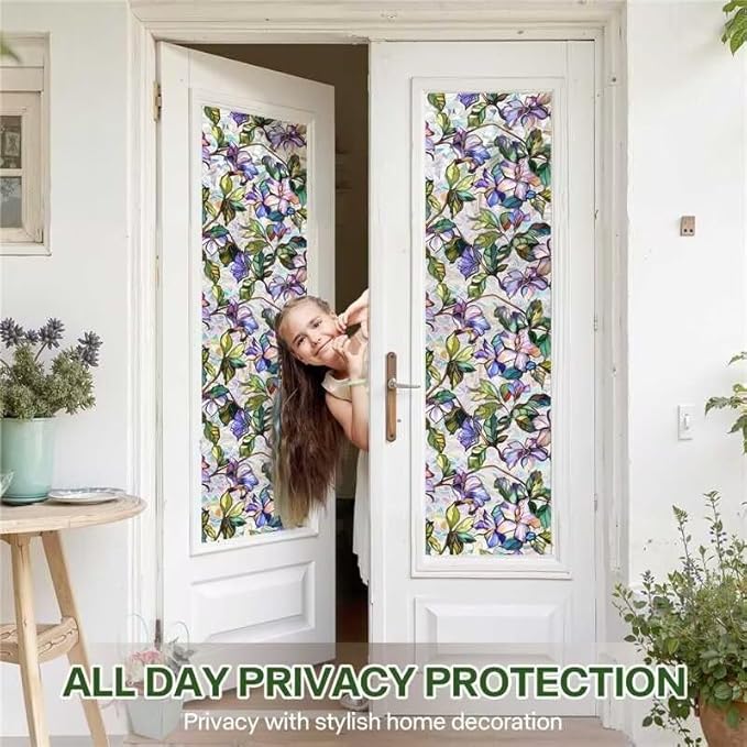 Purple Flower Window Privacy Films, Stained Glass Rainbow Floral Window Sticker - Image 4