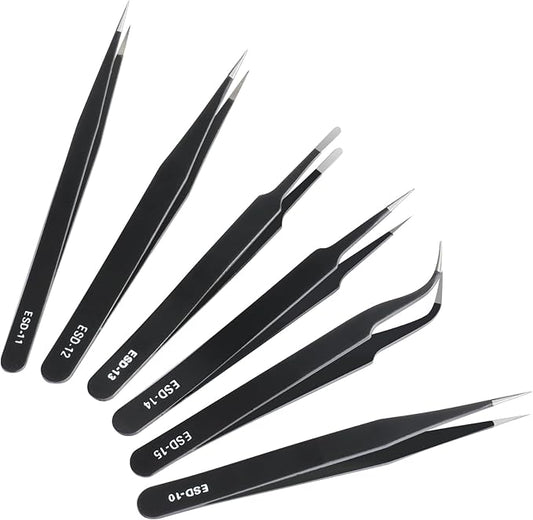 6 Pcs Precision Tweezers Set, Premium Anti-Static Stainless Steel Tweezer by CHERALKEST