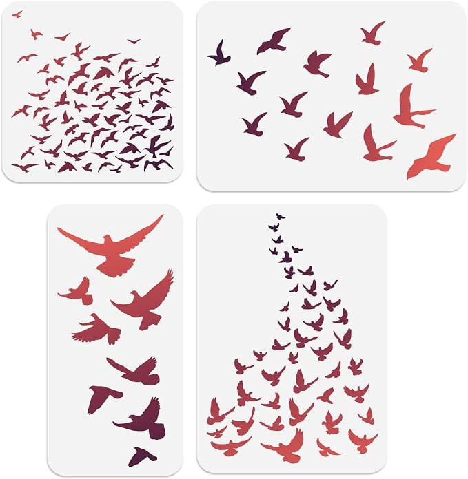 4Pcs Bird Flock Stencils for Painting, Reusable Bird Stencil Drawing Templates by Doodlream