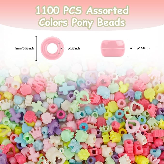 Pony Beads 1100 Pcs, Barrel Shaped 6x9mm Acrylic Plastic Beads - Image 2