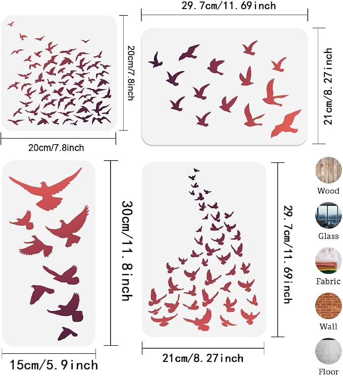 4Pcs Bird Flock Stencils for Painting, Reusable Bird Stencil Drawing Templates - Image 2