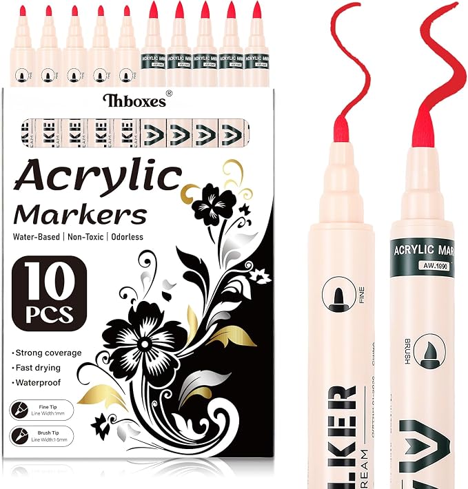 Thboxes Red Paint Markers 10 Pack, Dual Tip Acrylic Paint Pens | Fine & Brush by Thboxes
