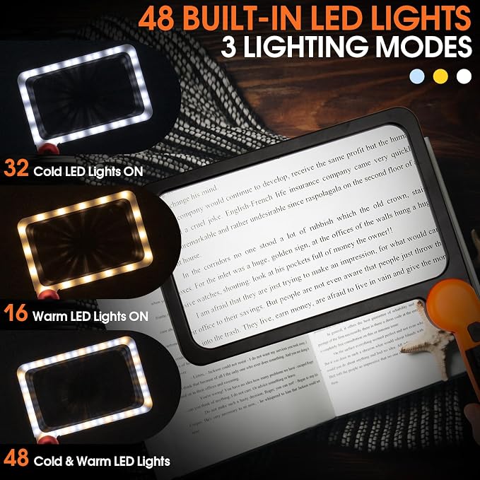 Large Magnifying Glass with Light, Full Page Magnifier 48LED Cold & Warm Light - Image 6