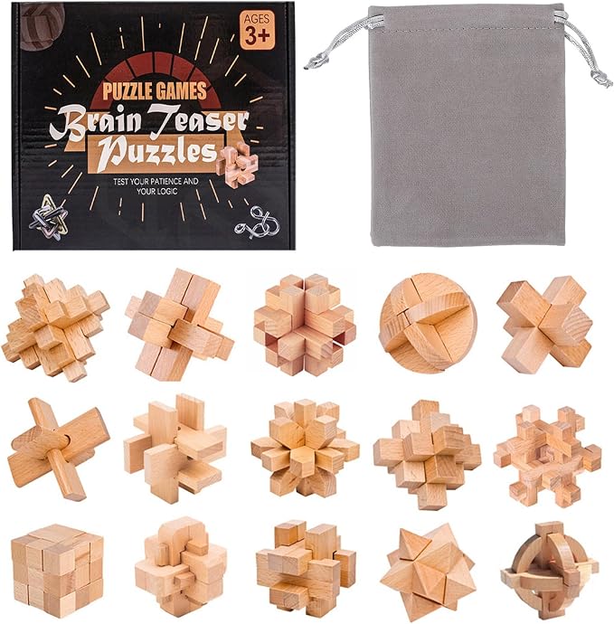 VolksRose 15pcs Wooden Brain Teaser Puzzles, IQ Challenge Puzzle Games by VolksRose