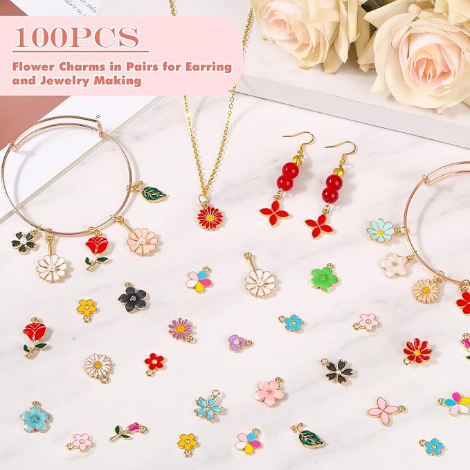 100Pcs 50 Pairs Flower Charms for Jewelry Making, Wholesale Assorted Enamel - Image 2