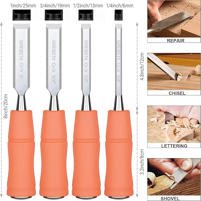 GREBSTK 4-Piece Ultra-Sharp Wood Chisel Set, CR-V Steel Beveled Blades - Image 2