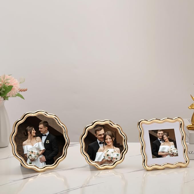 High-End Gold 5x5'' Round Zinc Alloy Picture Frames, Unique Wave Design - Image 3