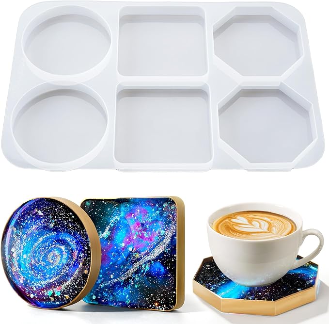 HeyClear Coaster Silicone Resin Molds, 6-Cavity Round Square Octagon Coaster by HeyClearResin