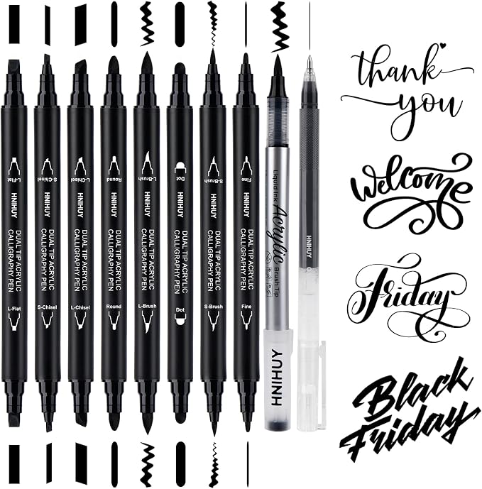 Dual Tip Black Acrylic Calligraphy Pens, 10 Size Calligraphy markes by HNIHUY