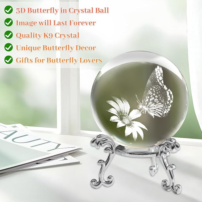 3D Butterfly Crystal Ball with Stand Lase Engraved Glass Sphere Paperweight - Image 3