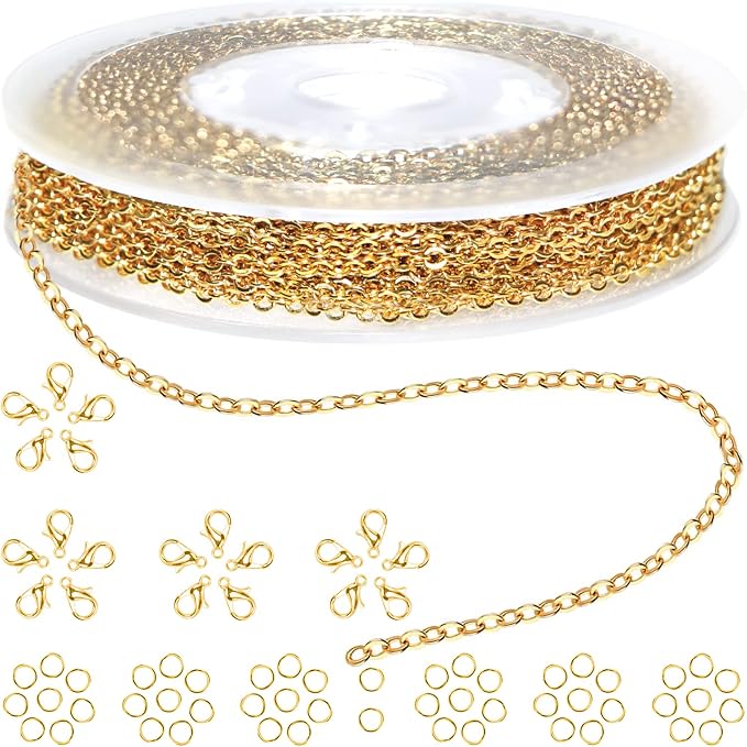 33ft Gold Chain for Jewelry Making Non-Tarnish 18K Gold Plated Stainless Steel by Jishi