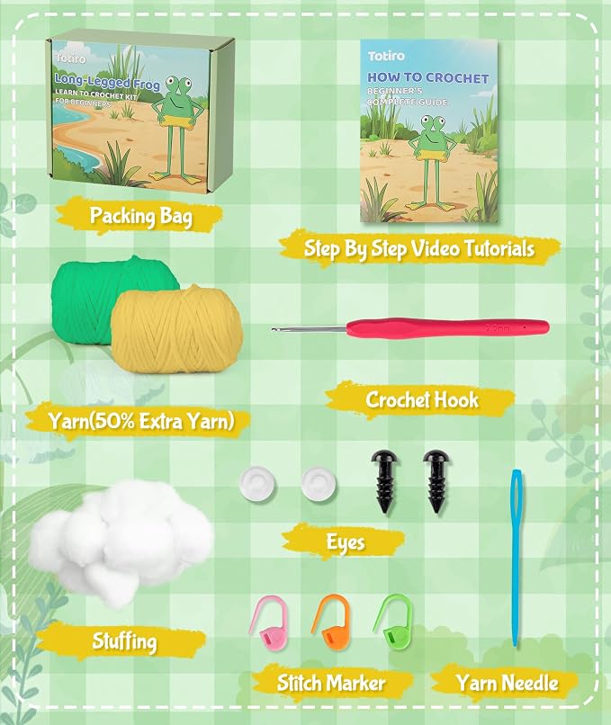 Totiro Crochet Kit for Beginners, Long-Legged Frog Amigurumi Starter Kit - Image 4