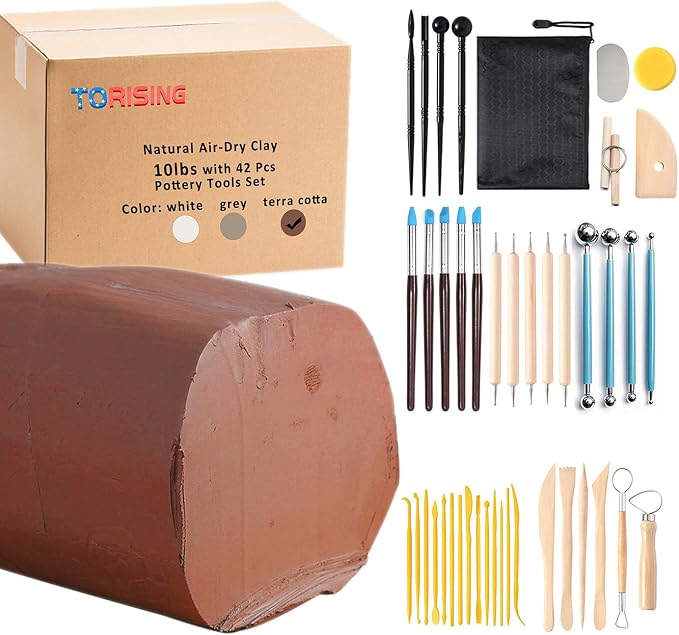Air Dry Clay 10 LBs with 42 Pcs Set Pottery Clay Tools Set by Torising