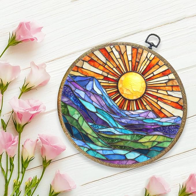 Colorful Mountain Sunset Bohemian Style Rainbow Sunrise Art Gift Framed Round - Image 5