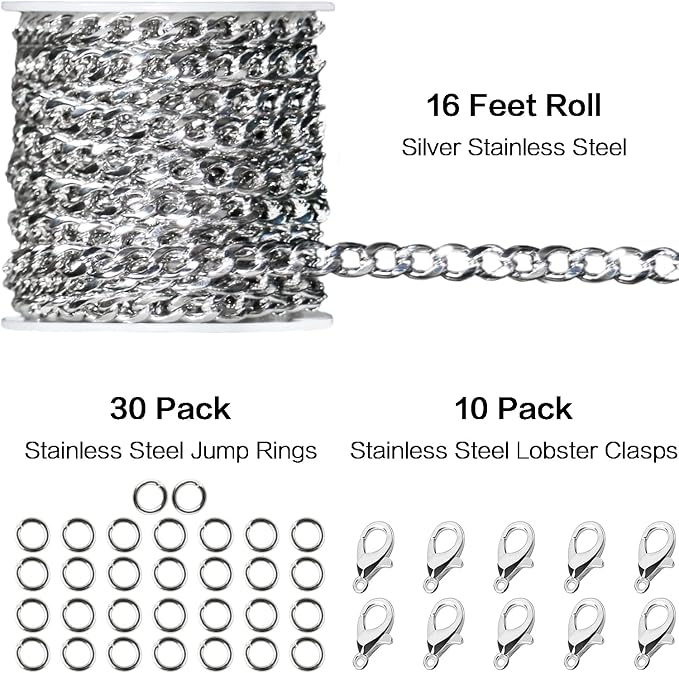 Jishi 16ft Cuban Link Chain Roll 6mm Silver Stainless Steel Necklace Chains - Image 2