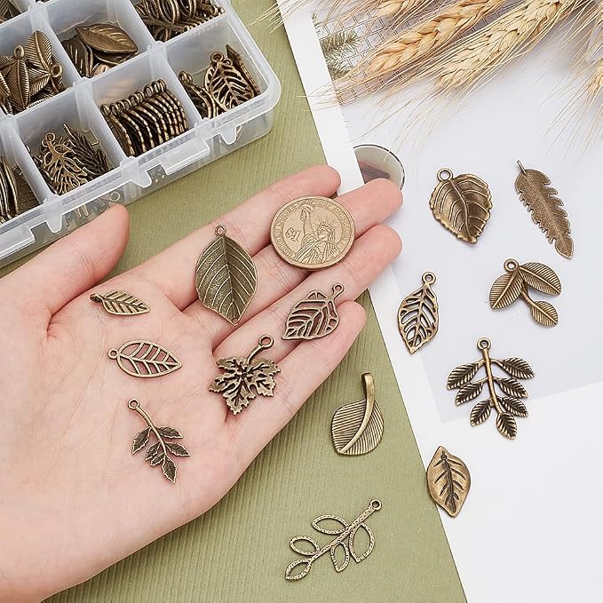 PH PandaHall 150pcs 15 Styles Tree Leaf Charms Pendants, Tibetan Branch Leaves - Image 6