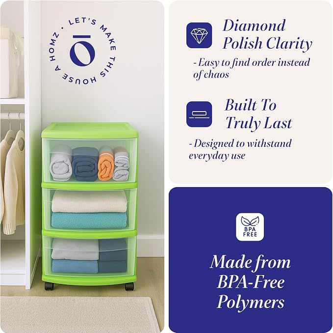 HOMZ Drawer Tower, 3-Tier Clear Plastic Storage Organizer Cart, Bold Lime Frame - Image 4