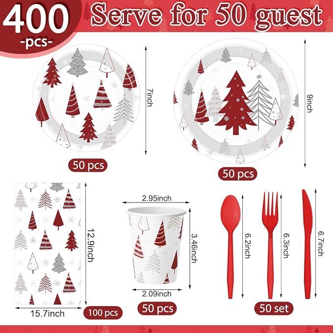 Pickmesh 400 Pcs Christmas Party Supplies Red Silver Xmas Tree Snowflake - Image 2