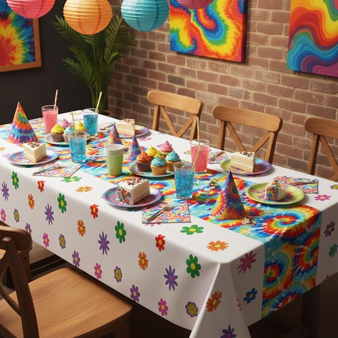 Oudain 6 Pcs Tie Dye 70s Party Decoration Hippie Tablecloth - Image 5