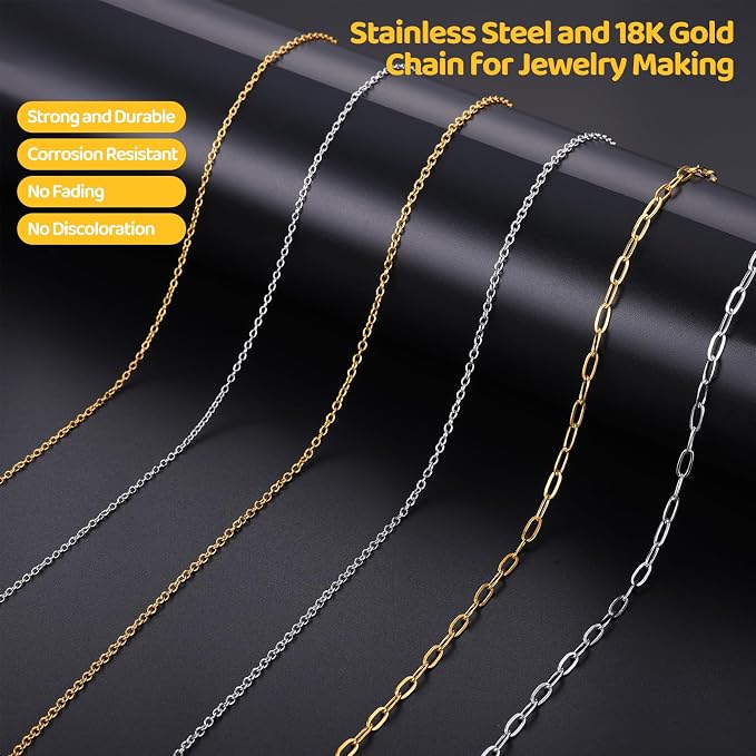 Zefy 18K Gold Silver Chain for Jewelry Making, 19.7ft 6 Rolls Stainless Steel - Image 2