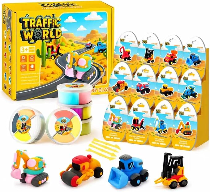 Air Dry Clay Kit for Kids – 12 Pack Construction Vehicles Modeling Clay Set | by Porlinquus