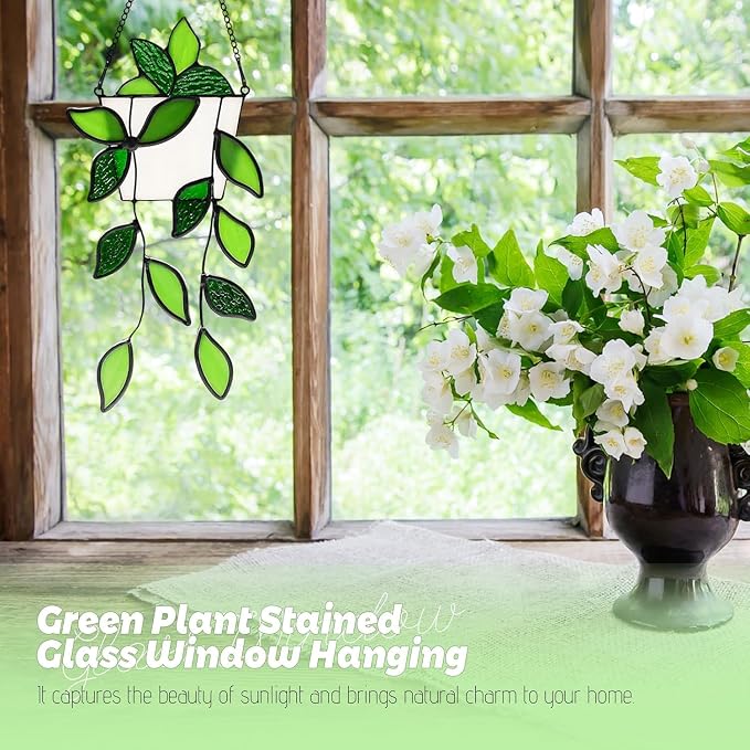 Handcrafted Real Stained Glass Window Hanging Green Plant Window Suncatcher | - Image 4