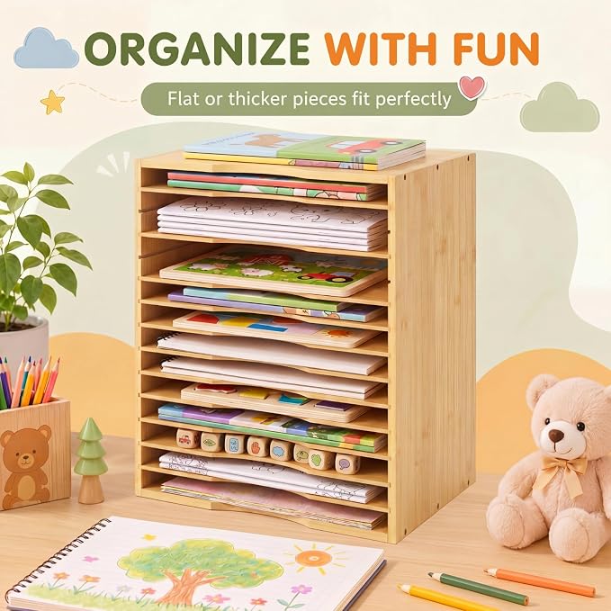 Ripeng 1 Pack Bamboo Puzzle Holder Rack, 12-Tier Adjustable Storage Organizer - Image 6