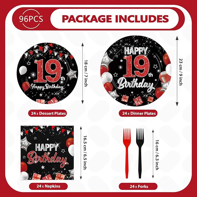 96Pcs Red and Black Party Decorations Happy 19th Birthday Plates and Napkins - Image 2