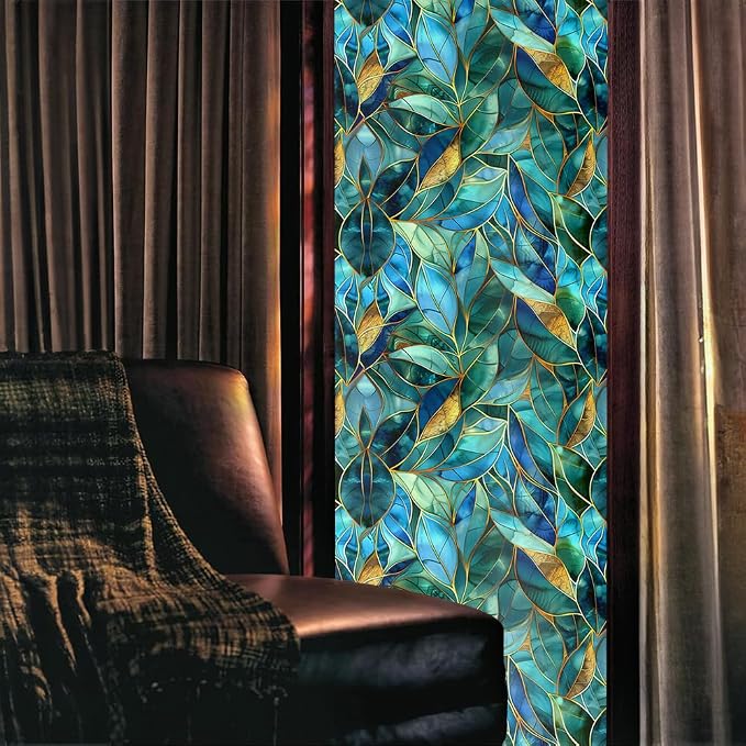 REDAMANCY Golden Blue Green Leaf Modern Stained Glass Window Films Decorative - Image 2