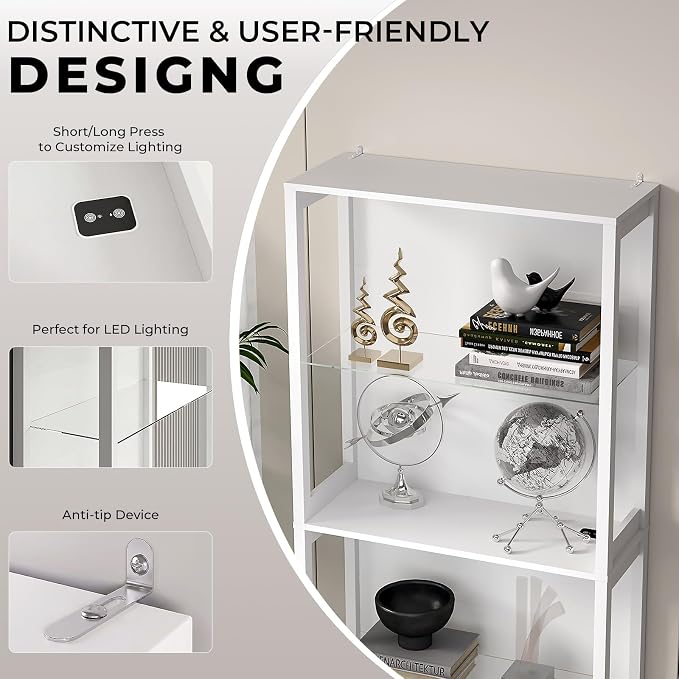 Display Cabinet with Glass Shelves, 4-Tier Display Shelf with LED Lights - Image 5
