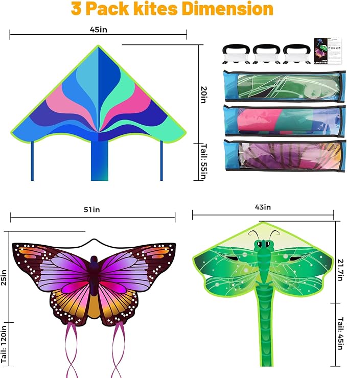 3 Pack Large Kites, Butterfly Delta Dragonfly Kites Easy to Fly | - Image 3