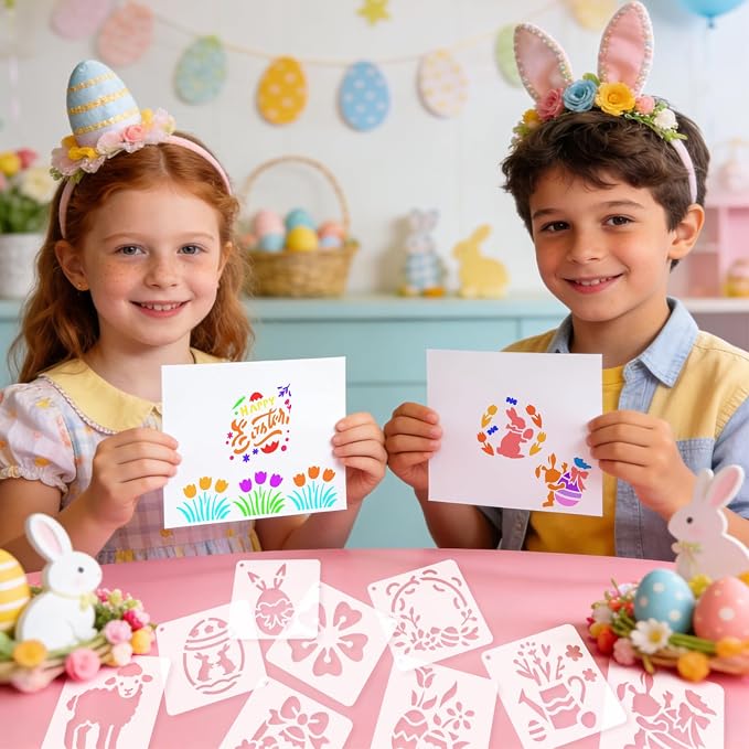 72 Pcs Easter Day Stencils for Painting Set, Reusable Eggs Rabbit Carrot Cute - Image 3