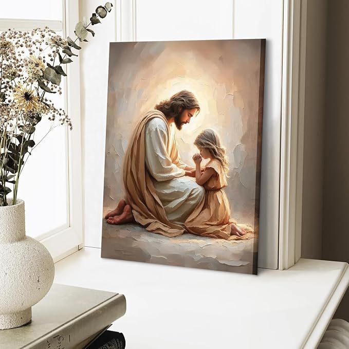 Jesus Praying with Girl Wall Art Canvas Print Jesus with Children Wall Decor - Image 4
