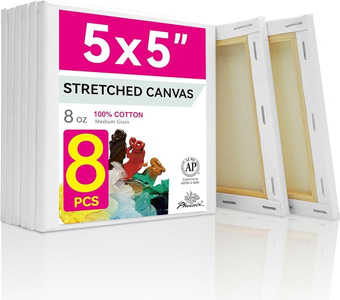 PHOENIX Small Stretched Canvas for Painting 5x5 Inch/8 Value Pack, 8 Oz Triple by PHOENIX
