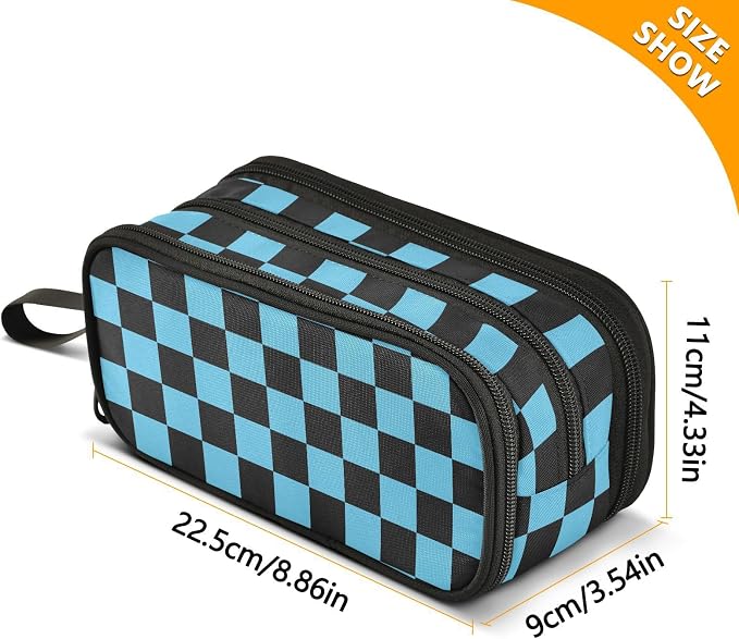 Black Blue Checkered Pattern Pencil Case Box Boys Girls Large Pencil Pouch - Image 7