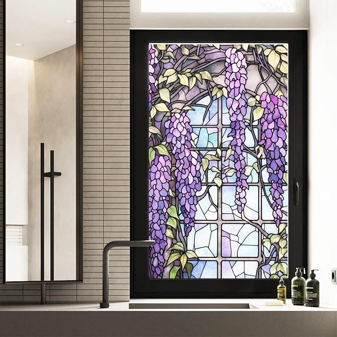 Wisteria Stained Glass Window Frosted Film, Thickened Static Cling Window Cling by WBQMUNY