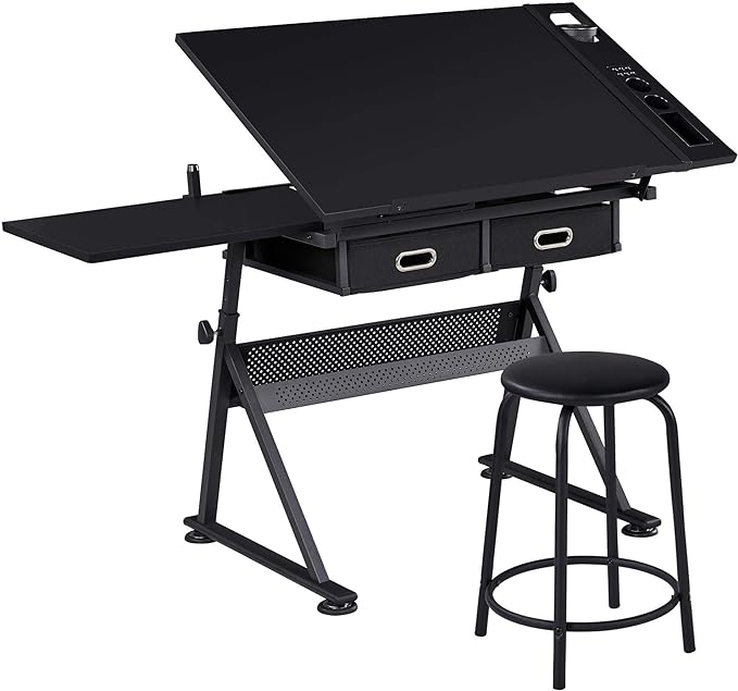 Yaheetech Adjustable Drafting Table Art Desk, Storage Drawers & Stool by Unknown