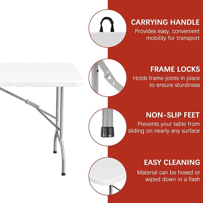 Elevon Folding Table, 6 Feet Heavy Duty Fold-in-Half Utility Table Indoor - Image 3