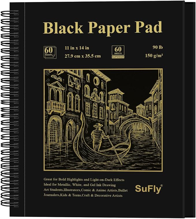 SuFly Black Paper Drawing Pad, 60 Sheets Large Sketch Book 11x14, Spiral Bound by SuFlyDirect