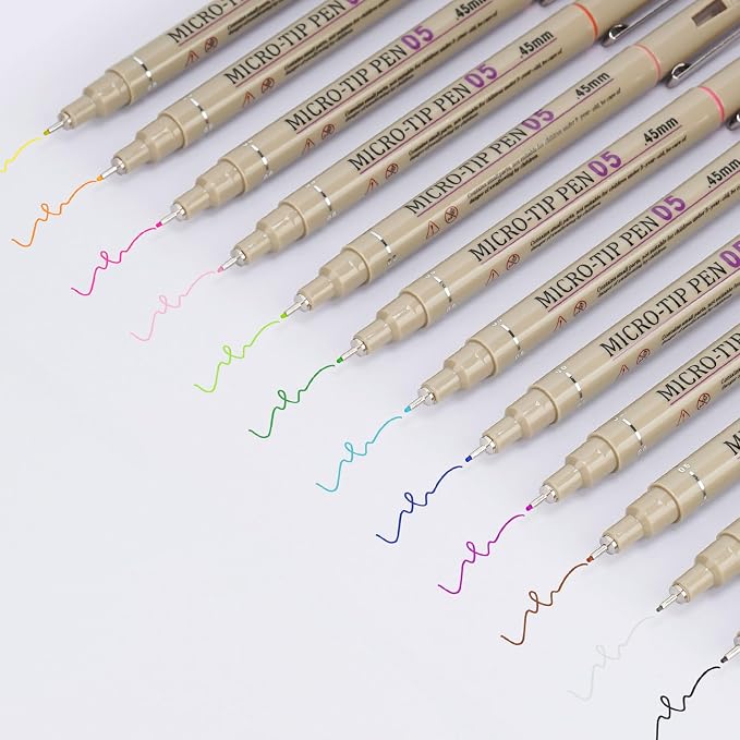 12 Colors Fineliner Pen Set, 05 Tip Fine Point Drawing Pens | Bleed Free Needle - Image 2